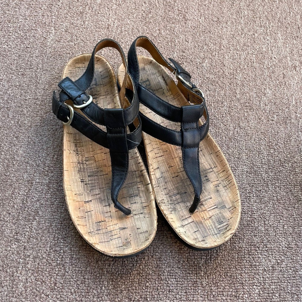 Born cork bed t strap black leather buckle comfort sandals size 8 D54003